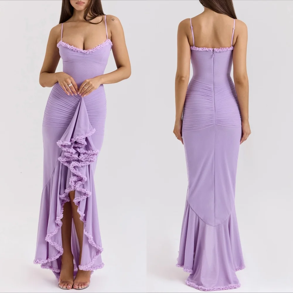 

Customized Chiffon Pleat Flower Edge Evening Dress With Straps Mermaid Hi-Lo Dresses Bespoke Occasion Homecoming Party Gown