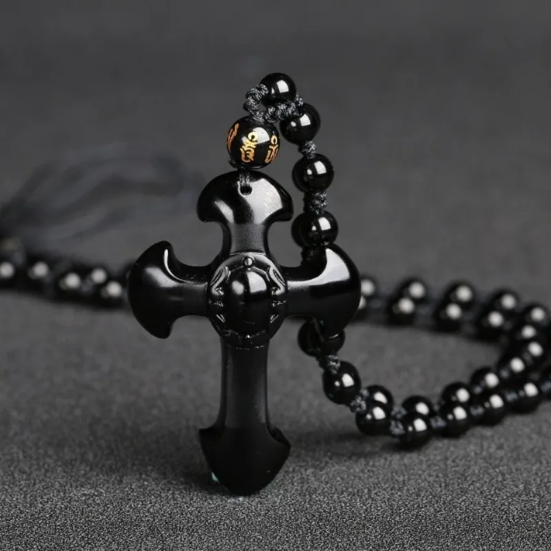 Vintage Christian Kreuz Obsidian Anhänger Perlen Halskette Männer Frauen Glück Amulett Schmuck Geschenke