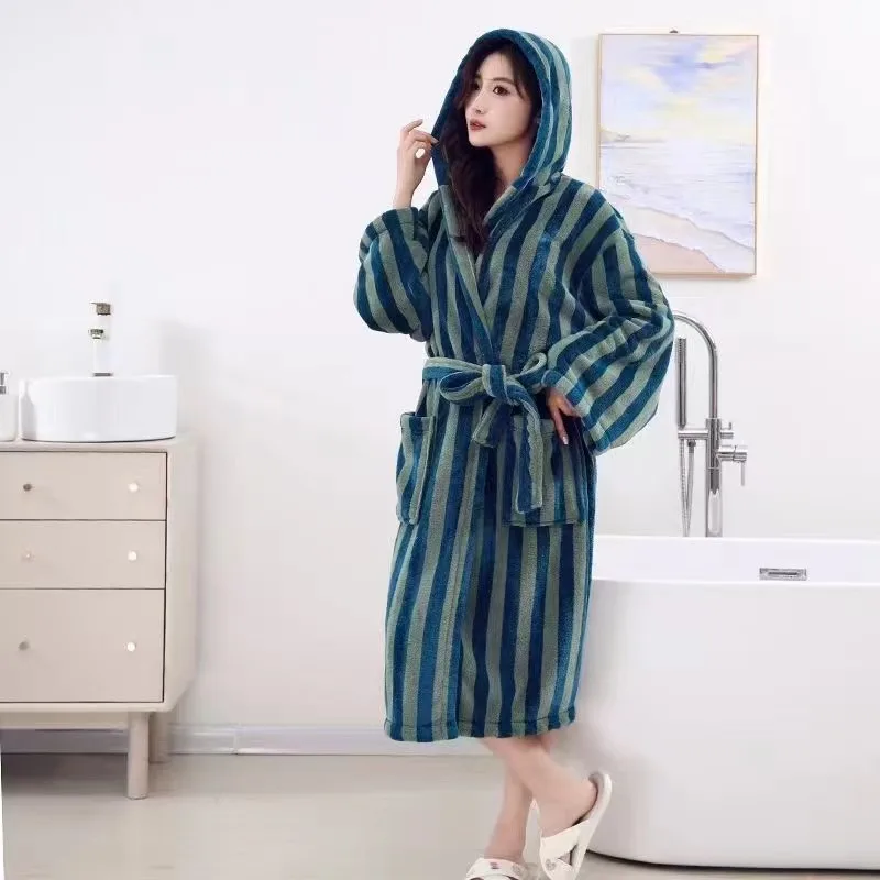 Unisex Retro Striped Long Bathrobe Women Men Casual Robe V Neck Soft Sleepwear Kimono Warm Bath Robes Coat Towel Homewear Gown