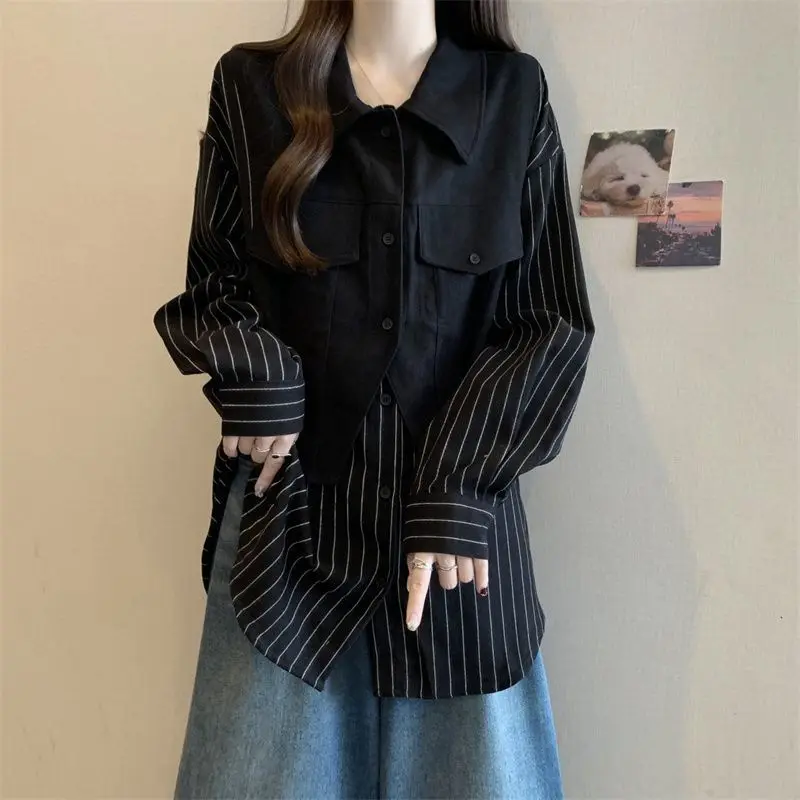 

Large Size Long Sleeve Loose Design Colorblock Patchwork Stripe Shirt For Women Slim Fake Two Pieces Cardigan Blouse Jacket Coat