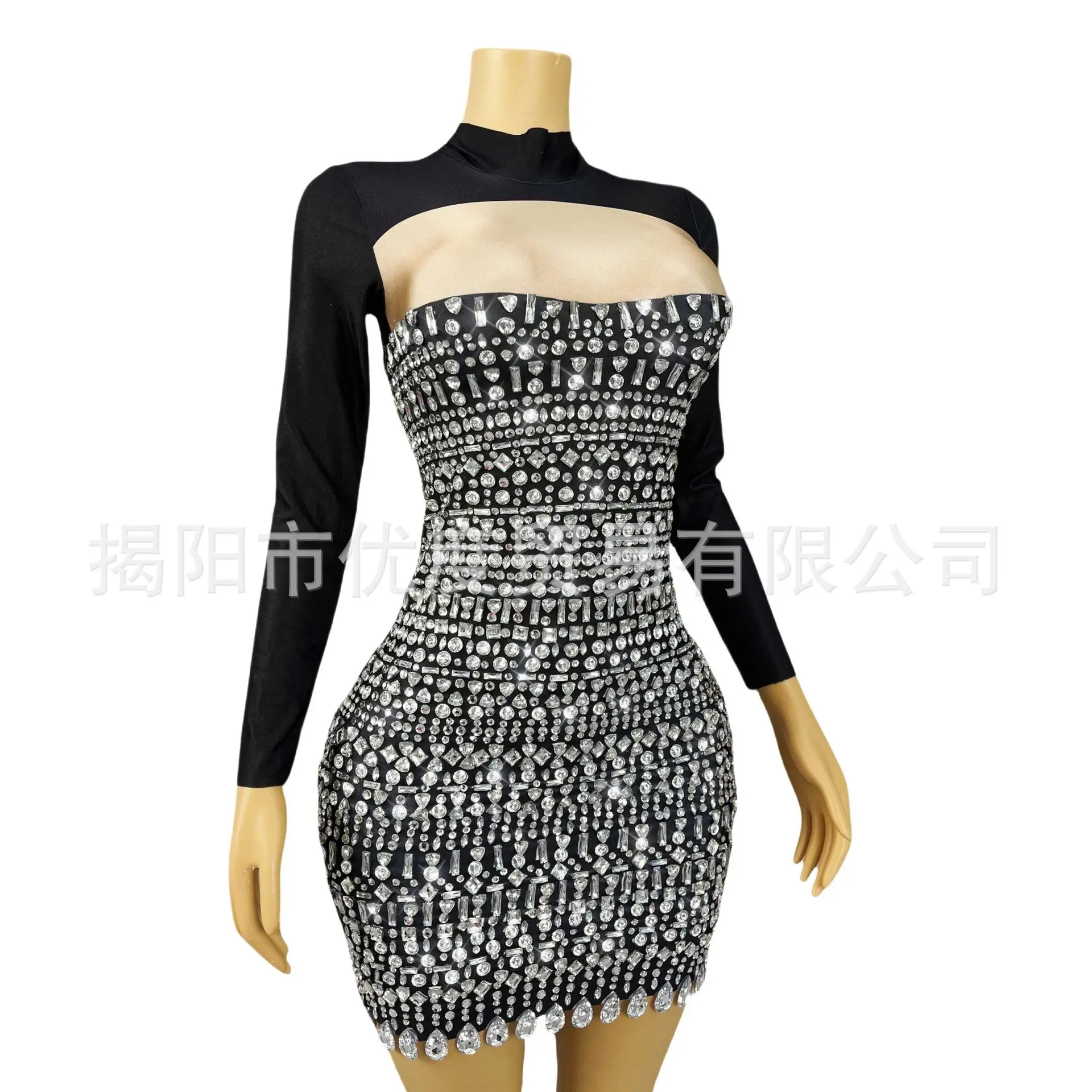 تصميم تحسس الرقبة العالية كم طويل DJ استقبال مشرق منظور شبكة الراين عيد ميلاد ليلة فساتين الكنيسة باردة للمرأة