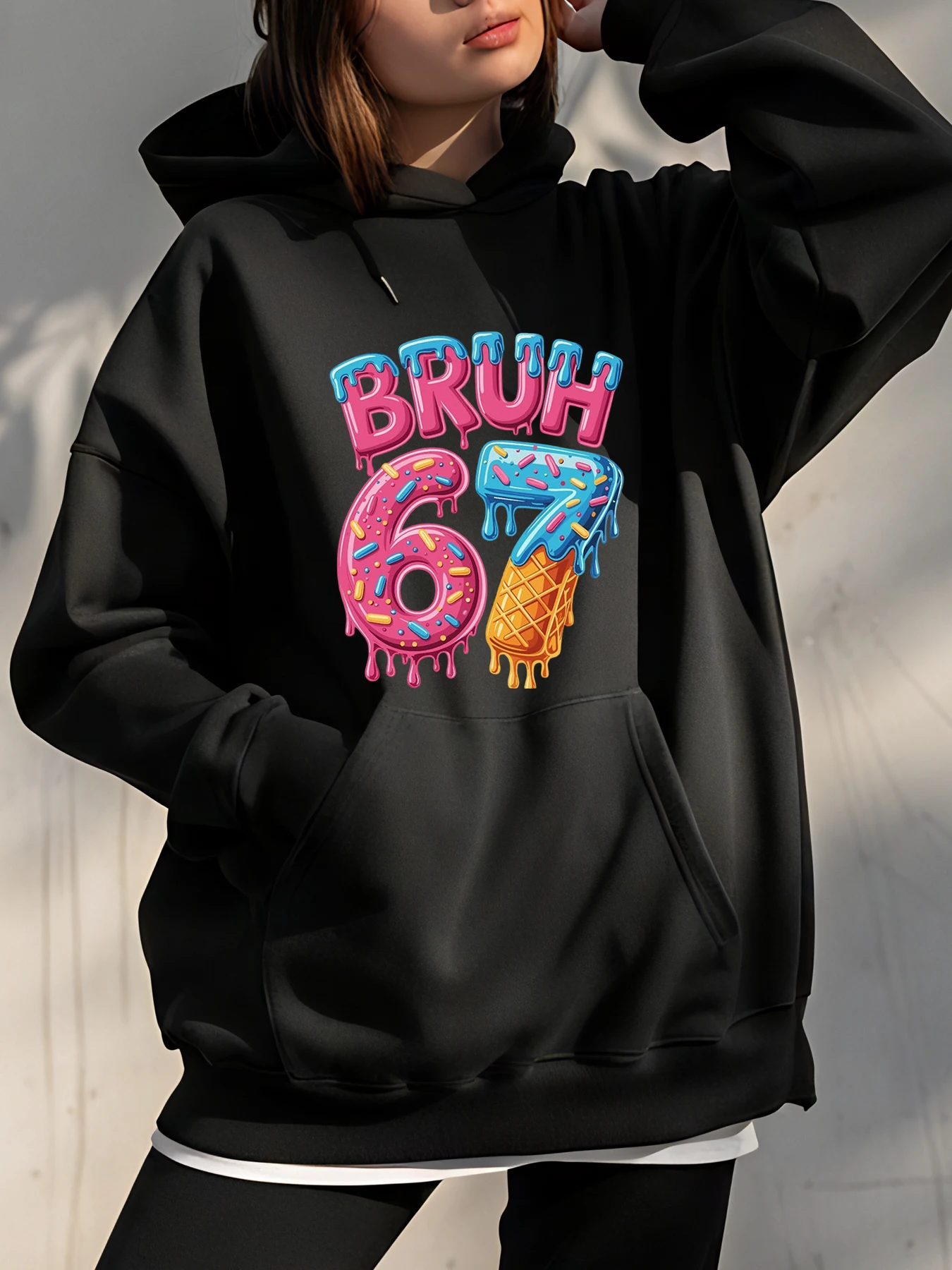 Bruh 67, толстовка с капюшоном Sweet Treats, молодежная уличная одежда, повседневная одежда, красочный дизайн, забавный графический принт, модное заявление