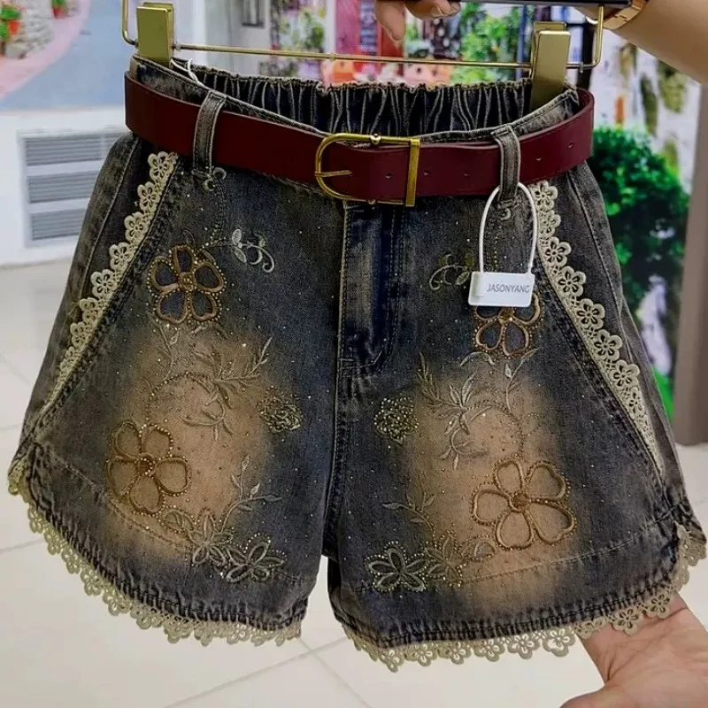 Denim Shorts Summer Lightweight Patchwork Embroidery Lace Women Loose Fit Slimming Versatile Flesh Reducing Casual Jeans