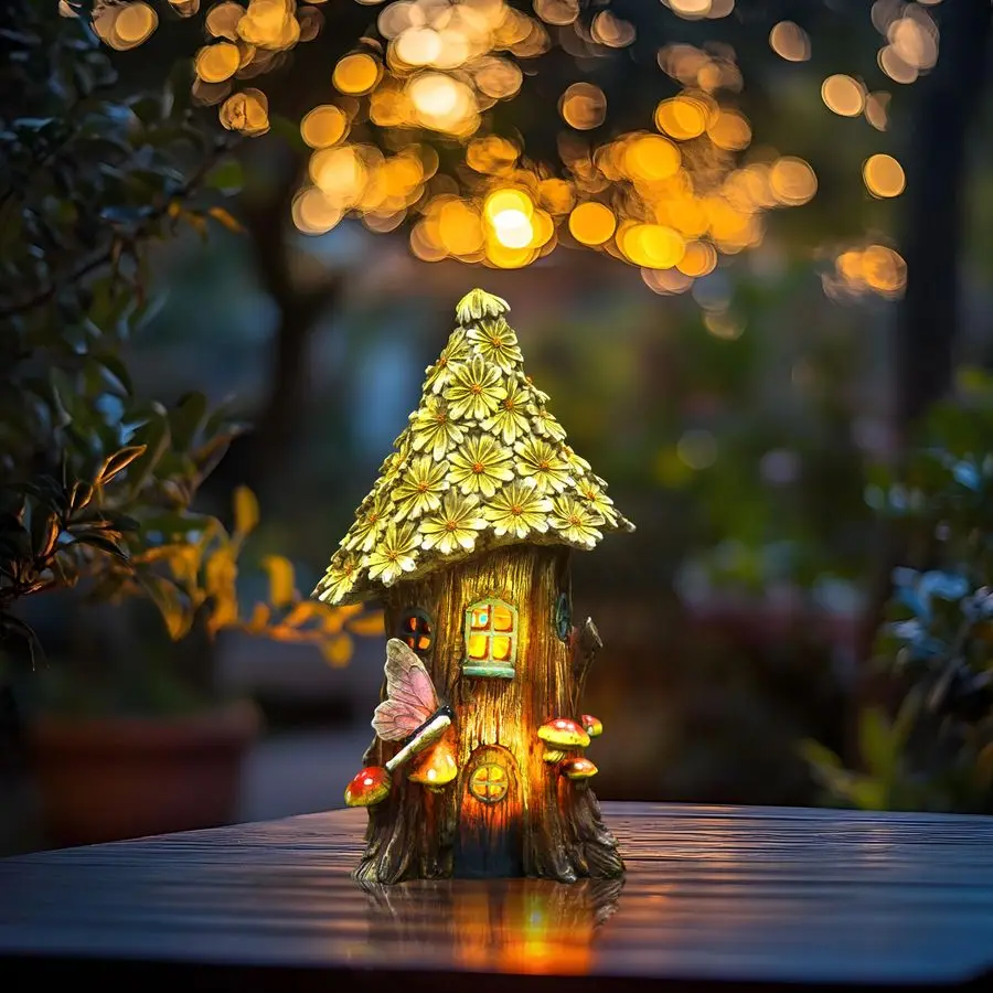 

Садовая статуэтка-домик феи из смолы на солнечной батарее для декора на открытом воздухе, Желтая дикорастущая хризантема