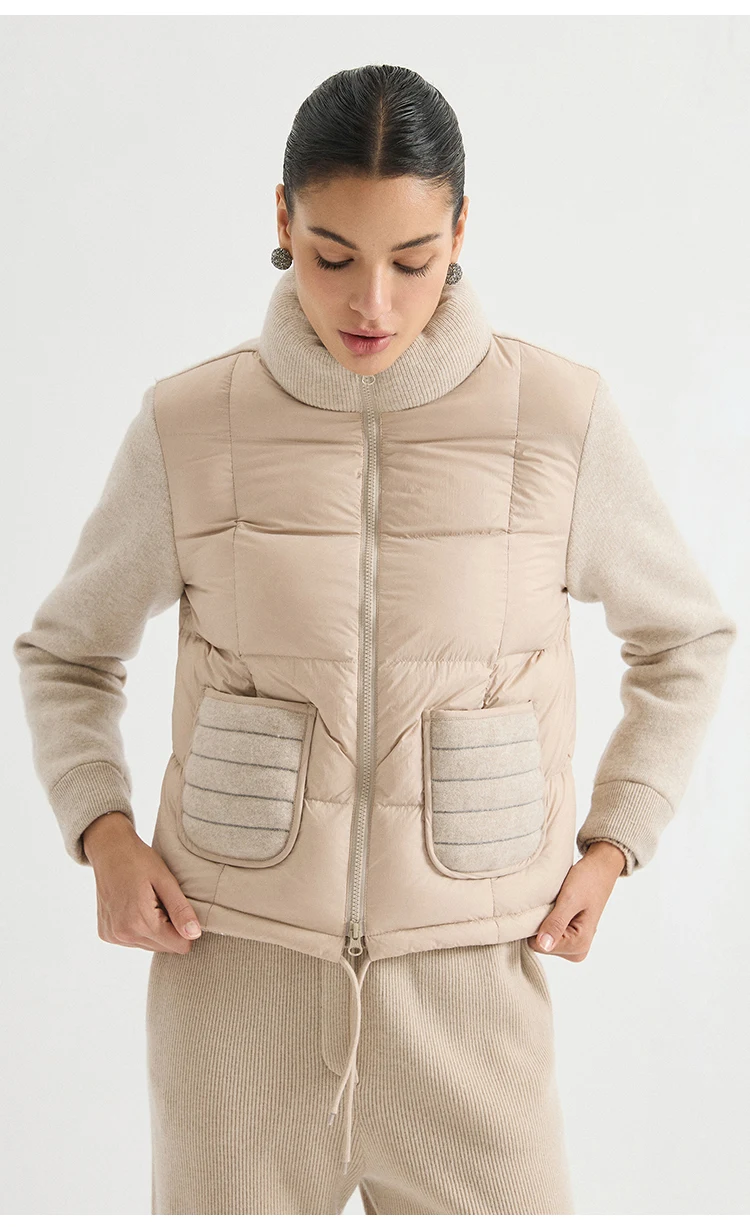 BD3621736 Women's Pure Wool Knit Hybrid Goose Down Jacket Chain Trim Pockets Stand Collar Two-Way Zip Old Money Early Autumn