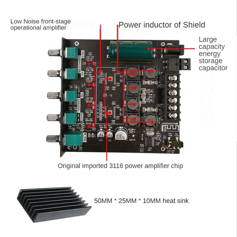 ZK-TB21 Bluetooth Power Amplifier Board 2.1 Channel Stereo 2X50W+100W TPA3116D2 Digital Audio Power Amplifier Module