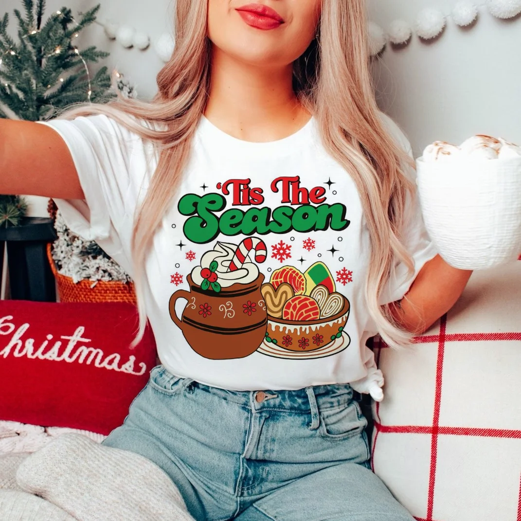 Graphic Cartoon Christmas T-Shirt Style Tis The Season Pan Dulce Christmas Printed O-Neck New Year Casual Women's Cute Top T-Shi