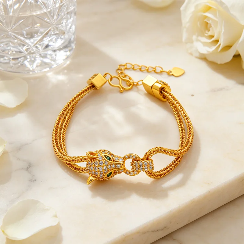 Trendy Girl Diamond Inlaid Leopard Head Horseshoe Buckle Bracelet For Women 24K Gold AU999, Casual Daily Wear Women Bracelet