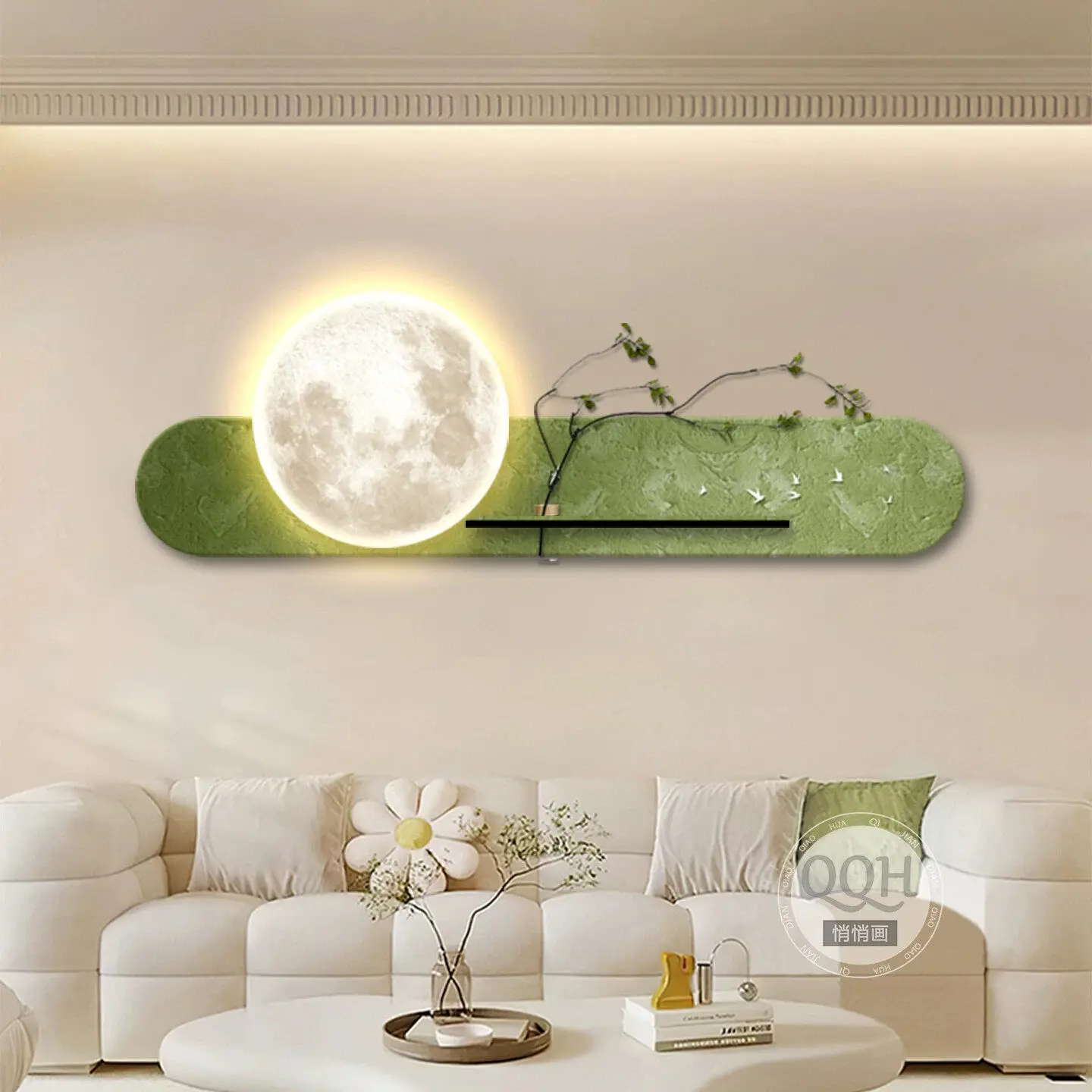 Cream and Green Living Room Decorations: Mid-Century Sofa Background Wall Art, Hydroponic Vase, Glow-in-the-Dark Wall Lamp Paint