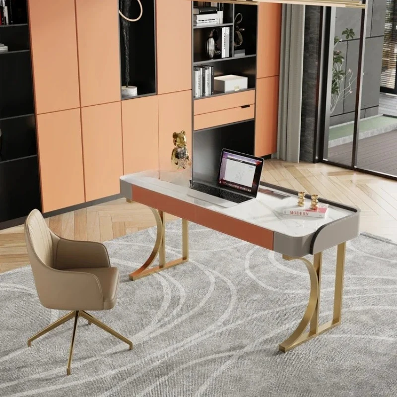 JJSaddle Leather Desk Solid Wood Rock Slab Desk Study Table Modern Simplicity