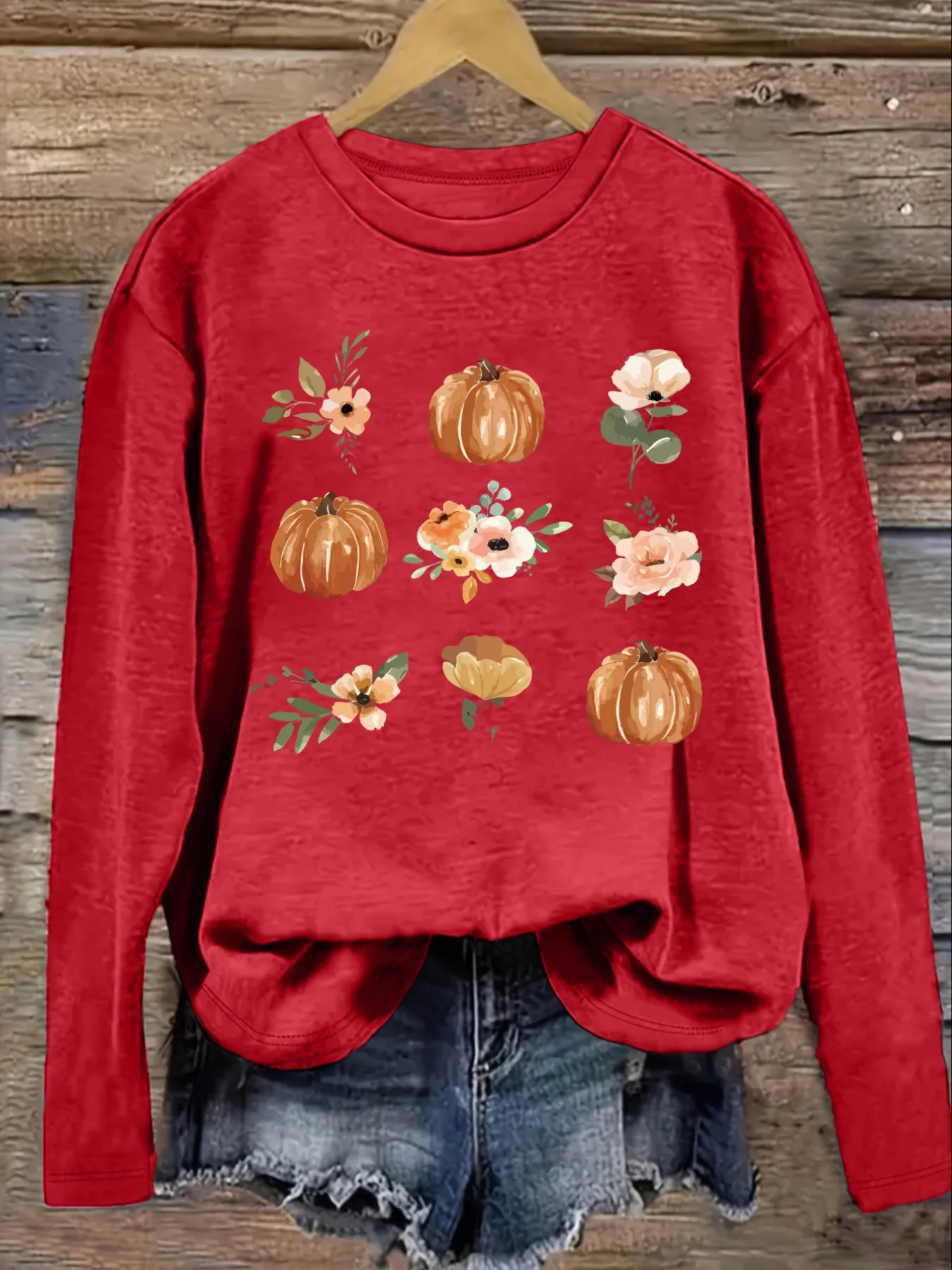 Women's Casual Long Sleeve Crew Neck T-Shirt Pumpkin And Floral Print Design Design, Round Neck Women's Clothing, Machine Washable, Slightly Elastic, Loose Fit, Spring Autumn Winter Women's T-Shirt, Halloween Costume Outfit view 4