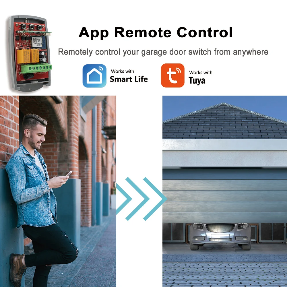 Tuya WIFI Smart Garage Door Opener Receiver 433MHz Remote Control Fixed Rolling Code 2CH 433.92 Universal Interrupter 7-250V