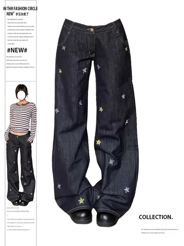 

Женские мешковатые широкие джинсы со звездной вышивкой, джинсовые брюки в американском стиле ретро High Street Y2K, японский ковбойский Харадзюку, высокое качество
