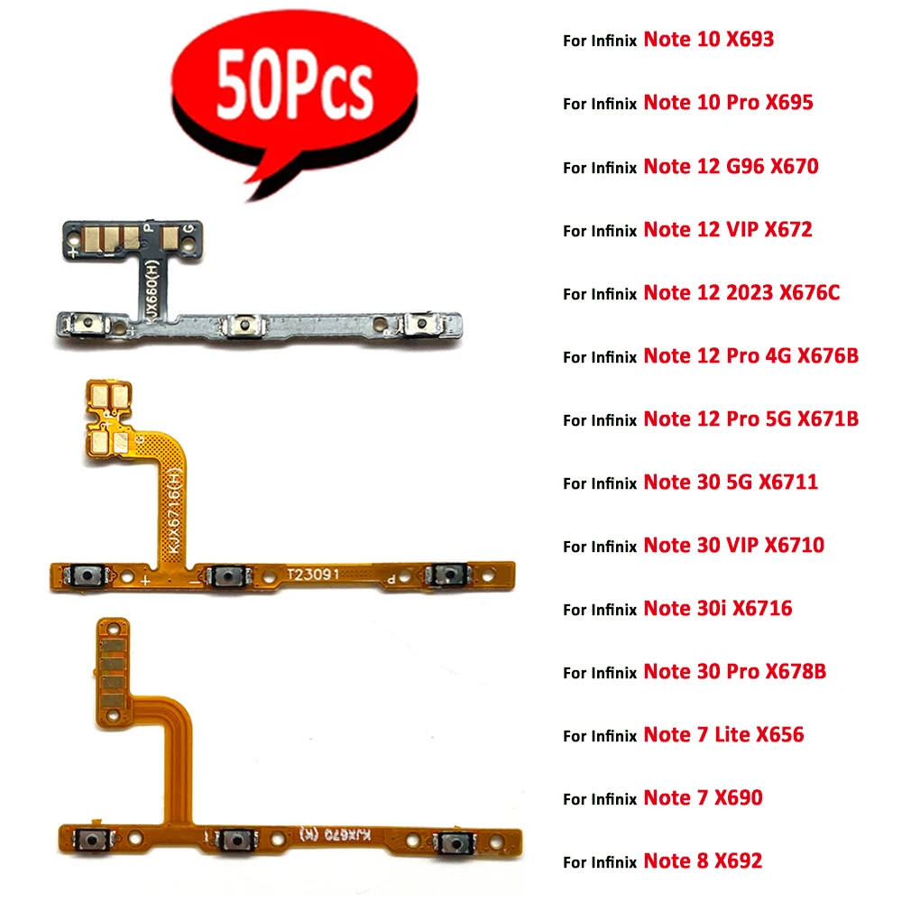 50Pcs，Power on/off Volume Key Button Flex Cable For Infinix Note 10 Pro 12 G96 12 30 VIP 12 2023 12 Pro 4G 30 5G 30i 7 Lite 8