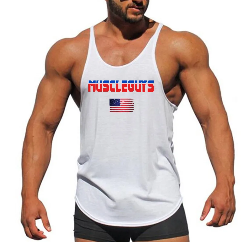Men's Cotton Gym Stringer Tank Top Running Vests Low Scoop Neck Curved Hem Y-Back Bodybuilding Workout Training Sleeveless Shirt
