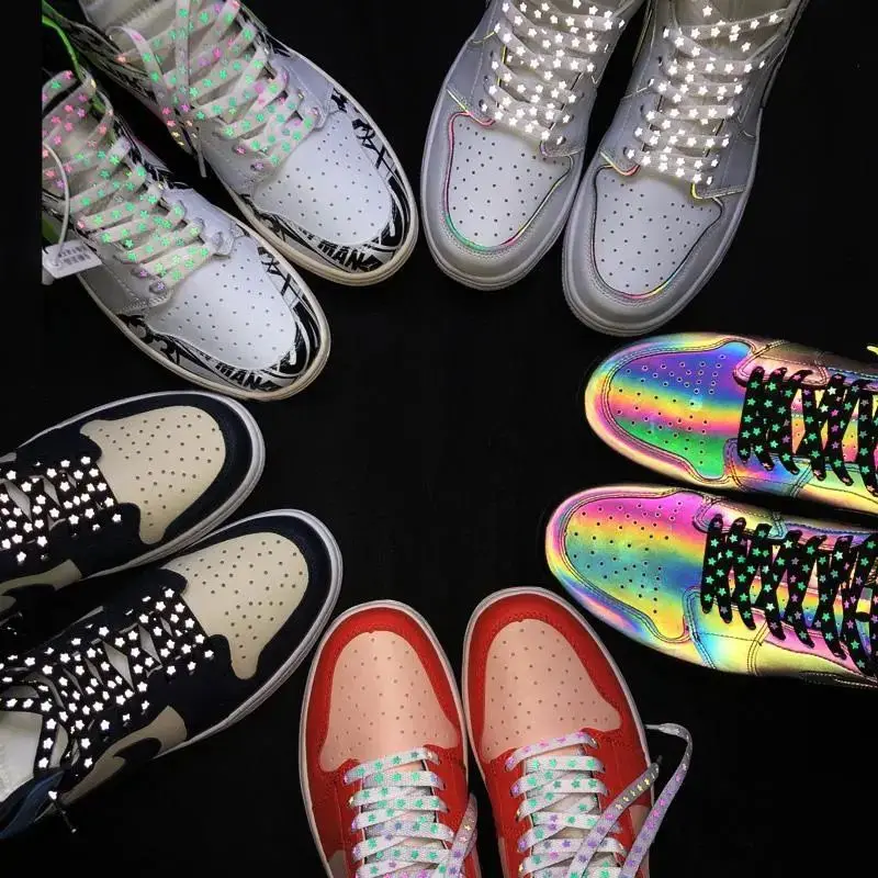 1 Paar Reflecterende Schoenveters Glow Holografische Cool Sneakers Loopschoenen Kant Volwassen Kinderen Sport Witte Ster Schoenveter Snaren