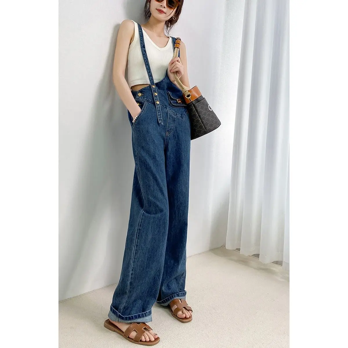 Spring Autumn New Metal Buckle with Asymmetrical Cowboy Suspenders Women Wide Leg Mop Trousers Women's Dress