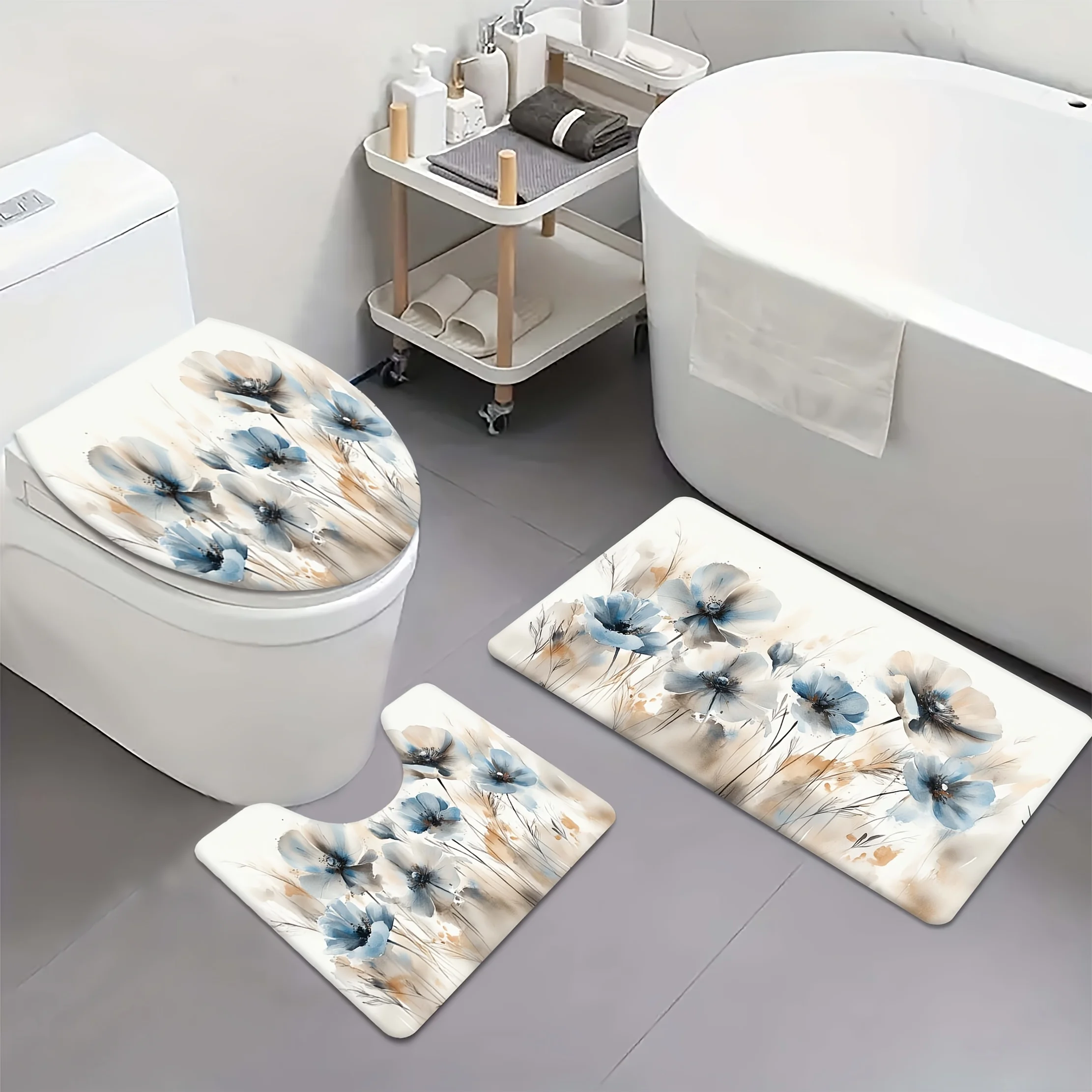 

Набор из 3 предметов для декора ванной комнаты с акварельными цветами, полиэфирная ткань, можно стирать в машине, U-образный коврик, чехол на сиденье унитаза, нескользящий коврик