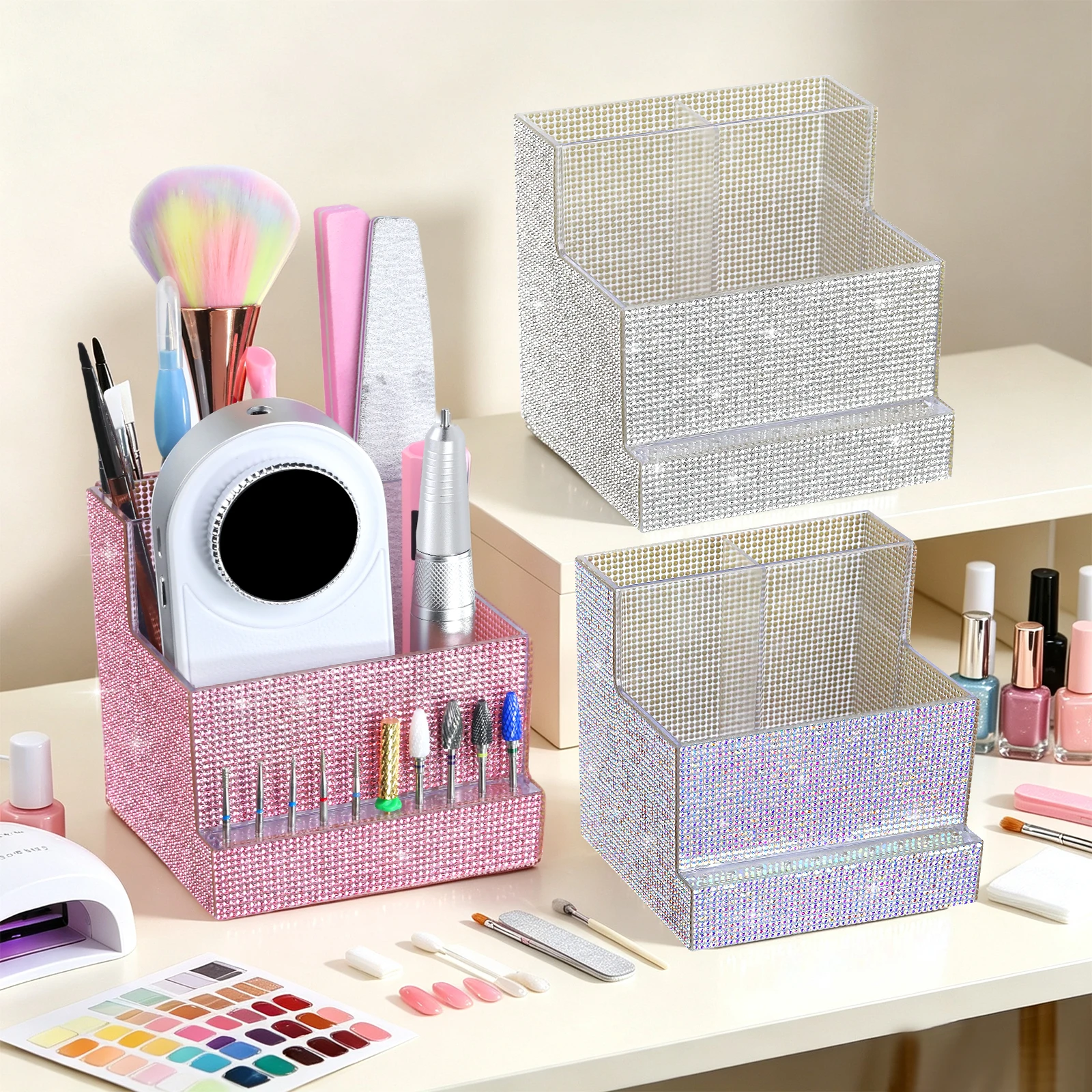 1pcs AB/Transparent/Pink Rhinestone Nail Storage Box, Multifunctional Acrylic Organizer Boxes  Large-Capacity Manicure Tools