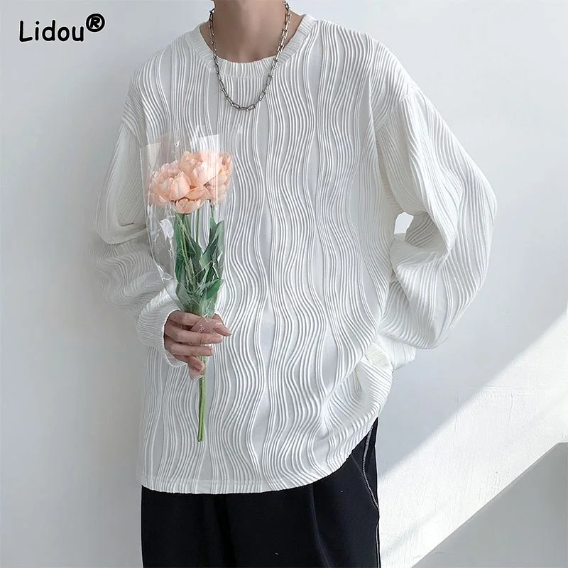 

Korean Fashion Black White Loose Casual Long Sleeved T-shirts Solid Color O-neck All-match Simple Spring Autumn Men's Clothing