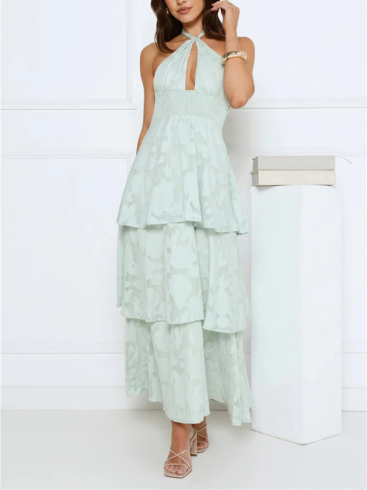 

2026 Summer New Backless Tie Up Dress Sexy Hollow Out French Style Cake Dress Elegant Solid Color High Waist Evening Party Dress