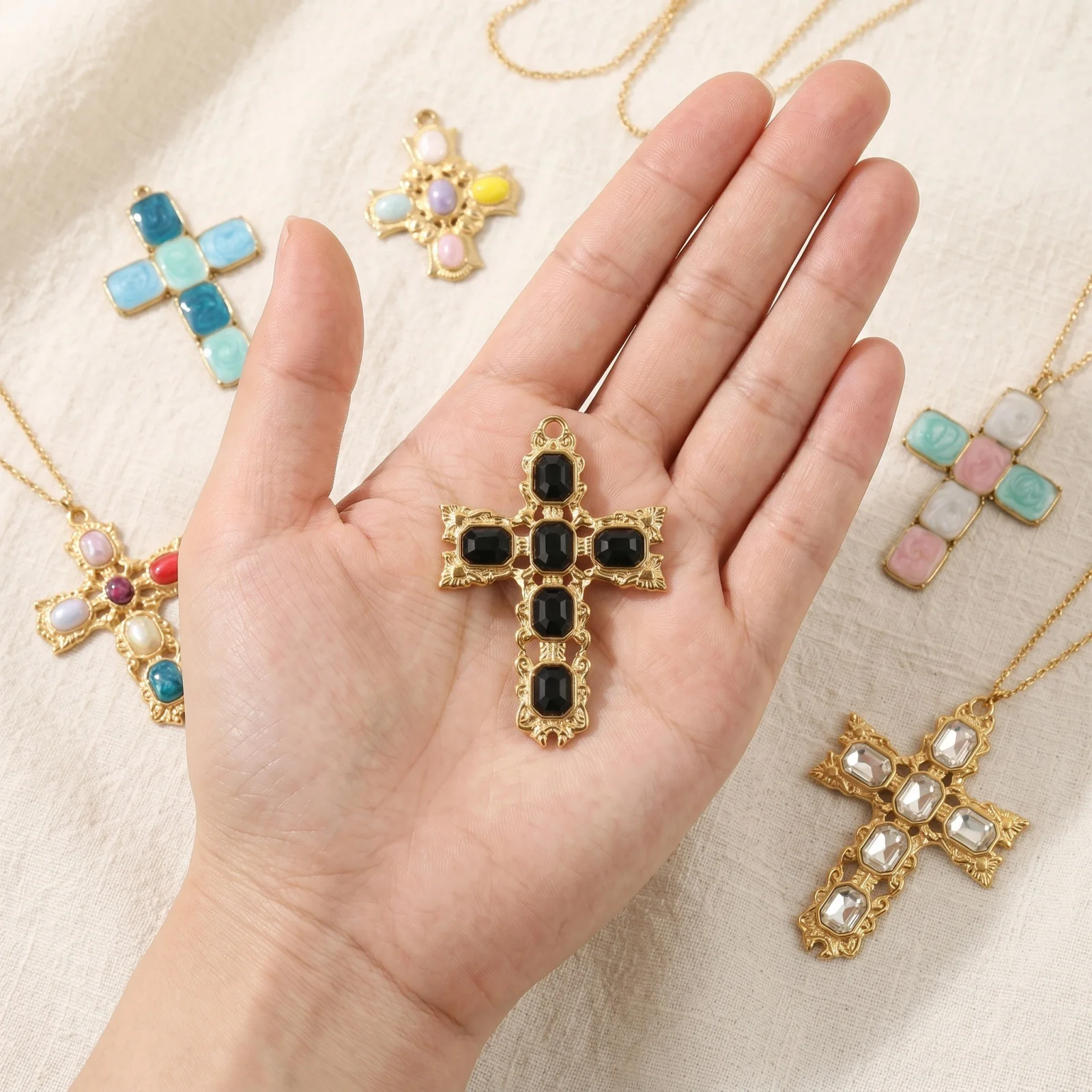 1 Stück Kreuz Religiöser Emaille-Perlenanhänger mit Strass, 304 Edelstahl, 18K Vergoldet, DIY Halskette Schmuckherstellung