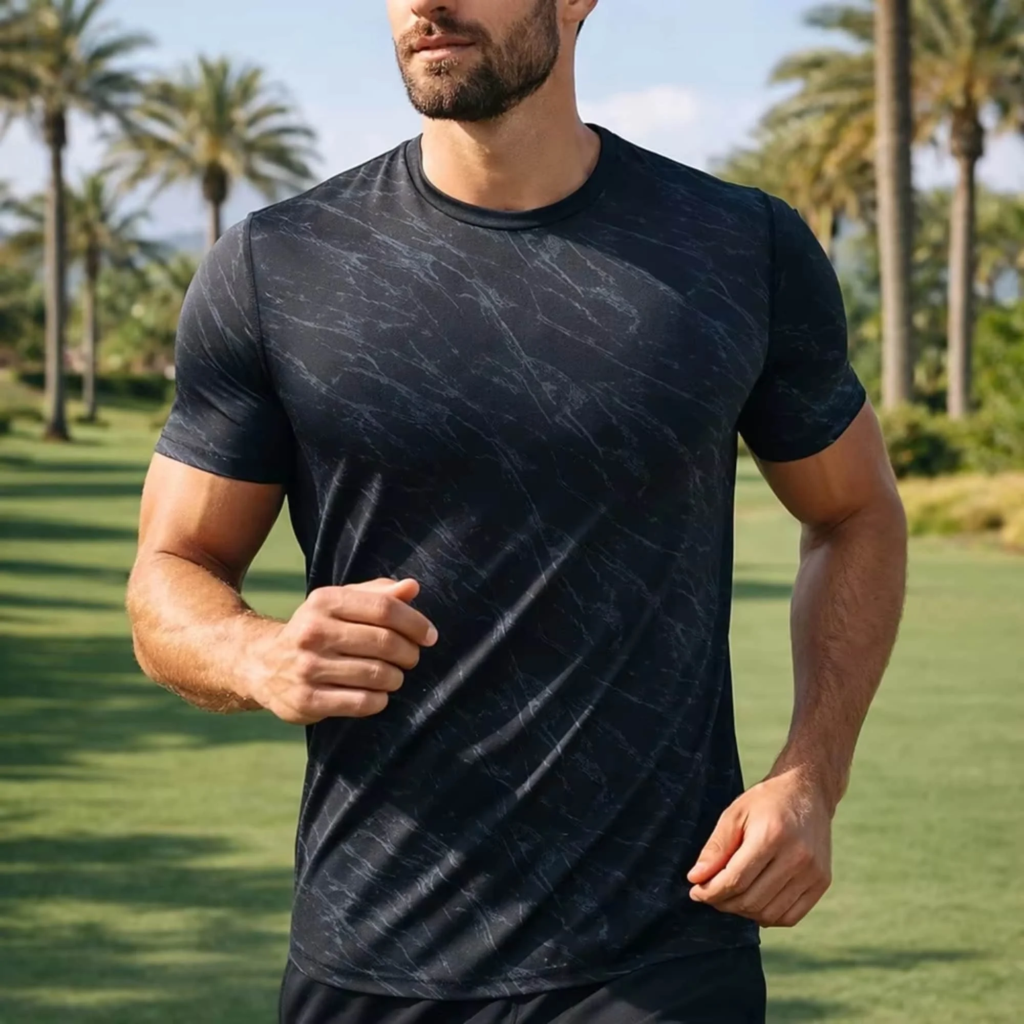 Minimalist Marble Vein Pattern Men Performance Tee Black Gray Camouflage Moisture Wicking Summer Outdoor Sport Top