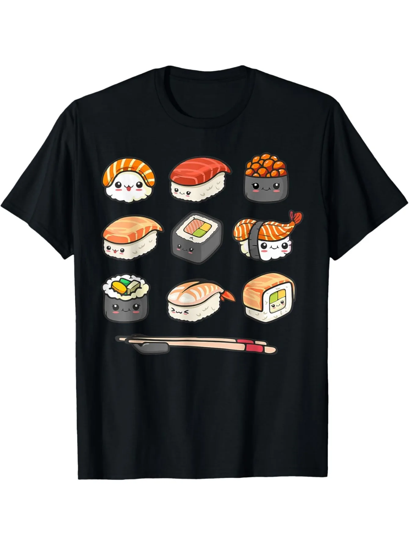 Мужская черная хлопковая рубашка Kawaii Sushi с рисунком аниме для любителей японской еды и отаку Мужская черная хлопковая рубашка Kawaii Sushi с рисунком аниме для любителей японской еды и отаку