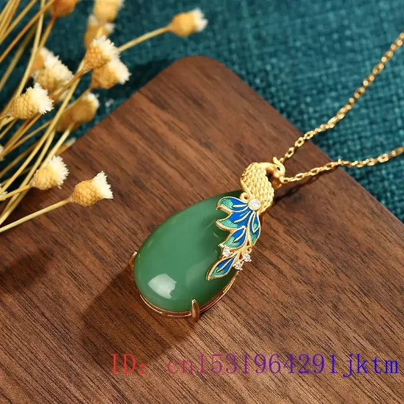Green Jade Phoenix Pendant Chinese Vintage Natural Jewelry 925 Silver Gemstones Accessories Necklace Chalcedony Gift Charm
