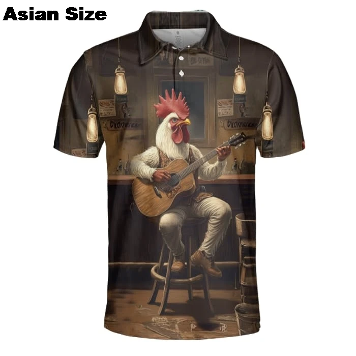 Camisa polo de frango dos desenhos animados para homens 3d impresso animal manga curta botão polo camisas topos engraçado galo lapela camisetas roupas do menino