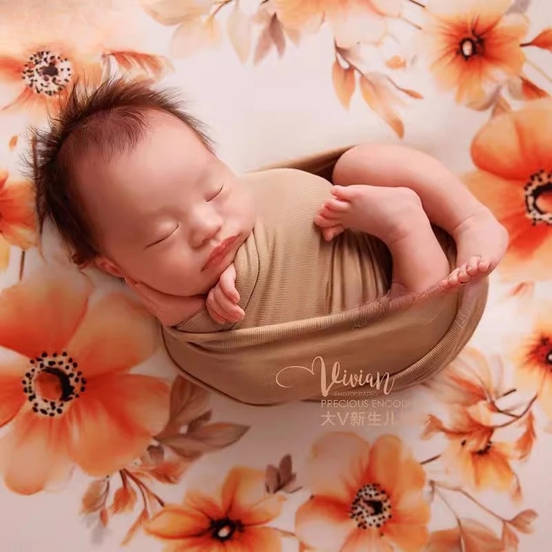 Newborn Photography Props Strentch Floral Backdrop Khaki Wrap with Flower Headband Knitted Hat for Studio Photoshoot Fotografia