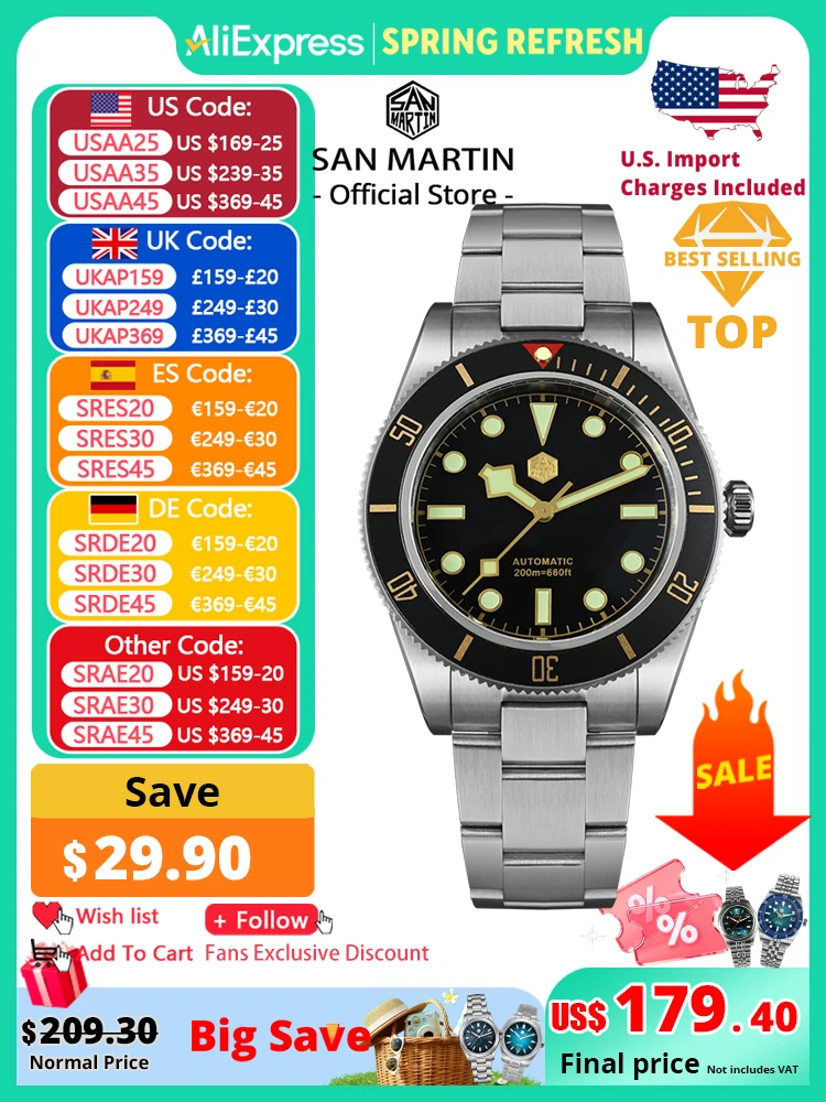 San Martin New 40mm BB58 Retro Luxury Diver Watch NH35 Automatic Mechanical Watches For Men Sapphire Luminous 20Bar Reloj SN0008