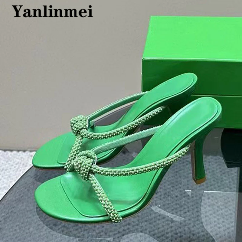 

Summer High Heels Slippers Women Genuine Leather Narrow Band Crystal Runway Party Shoes Woman Sexy Thin Heels Sandals For Woman