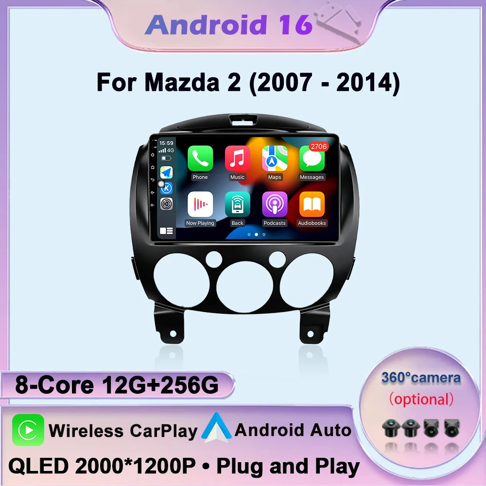 Android 16 For Mazda 2 2007-2014 GPS Navigation Multimedia Player Auto Wireless CarPlay WIFI 4G DSP RDS Cooling Fan