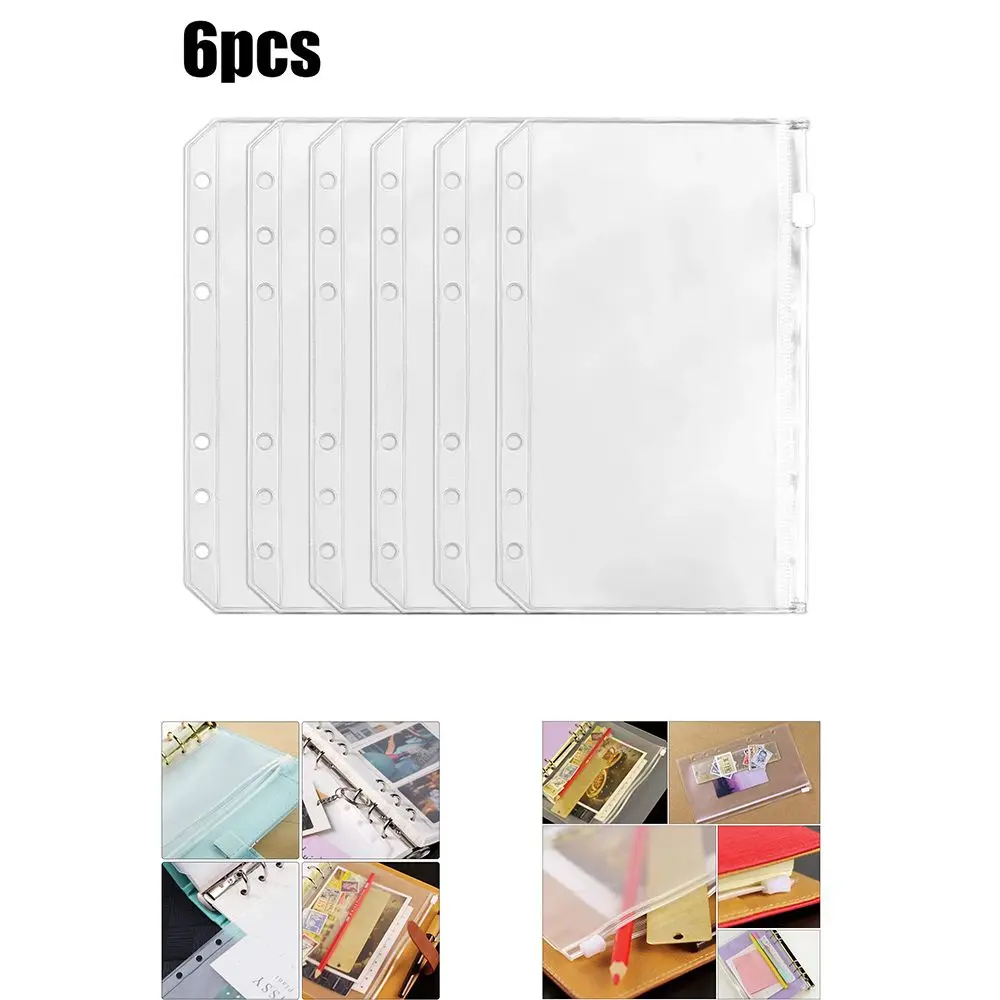 

6Pcs New A6 6-Hole Binder Pockets PVC Transparent Savings Challenge Binder Pockets Waterproof Receipt Bag Zipper Bag