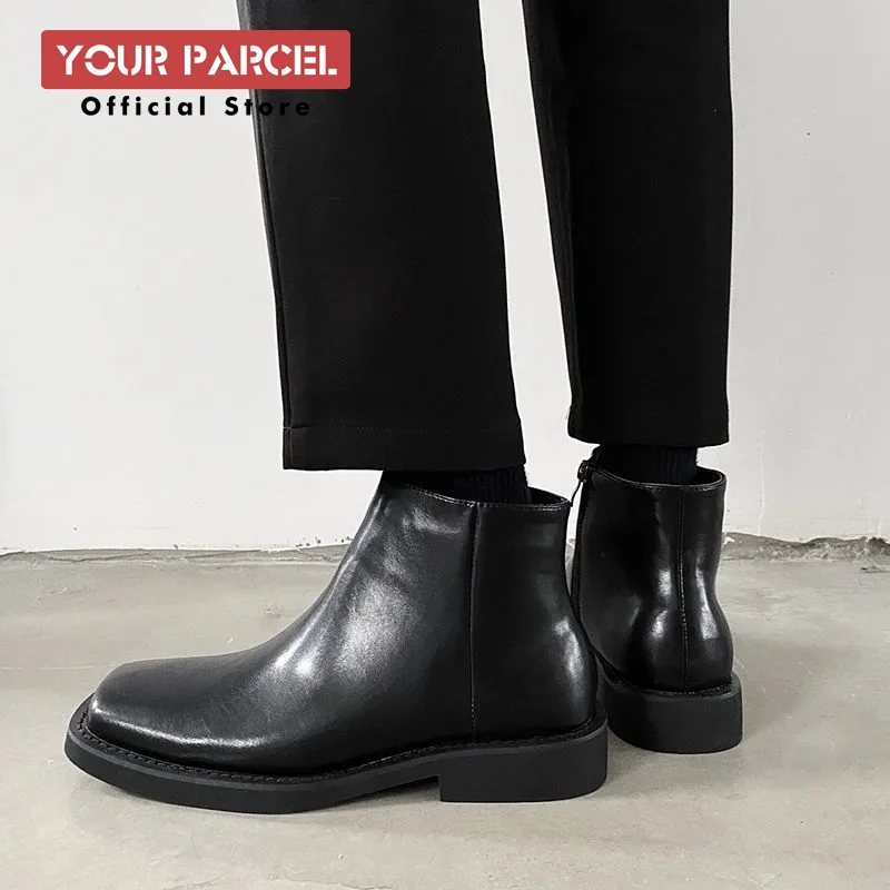 Bottes en cuir à bout carré pour hommes, bottes courtes zippées, version coréenne, style anglais, tendance