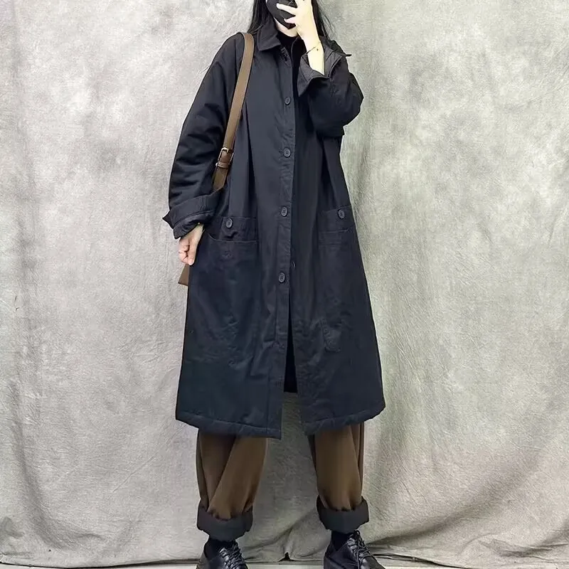 plus Size Retro Style Autumn Winter Cotton Jacket Women's Coat Thickened Casual Loose Fit Medium Length Single Button Closure