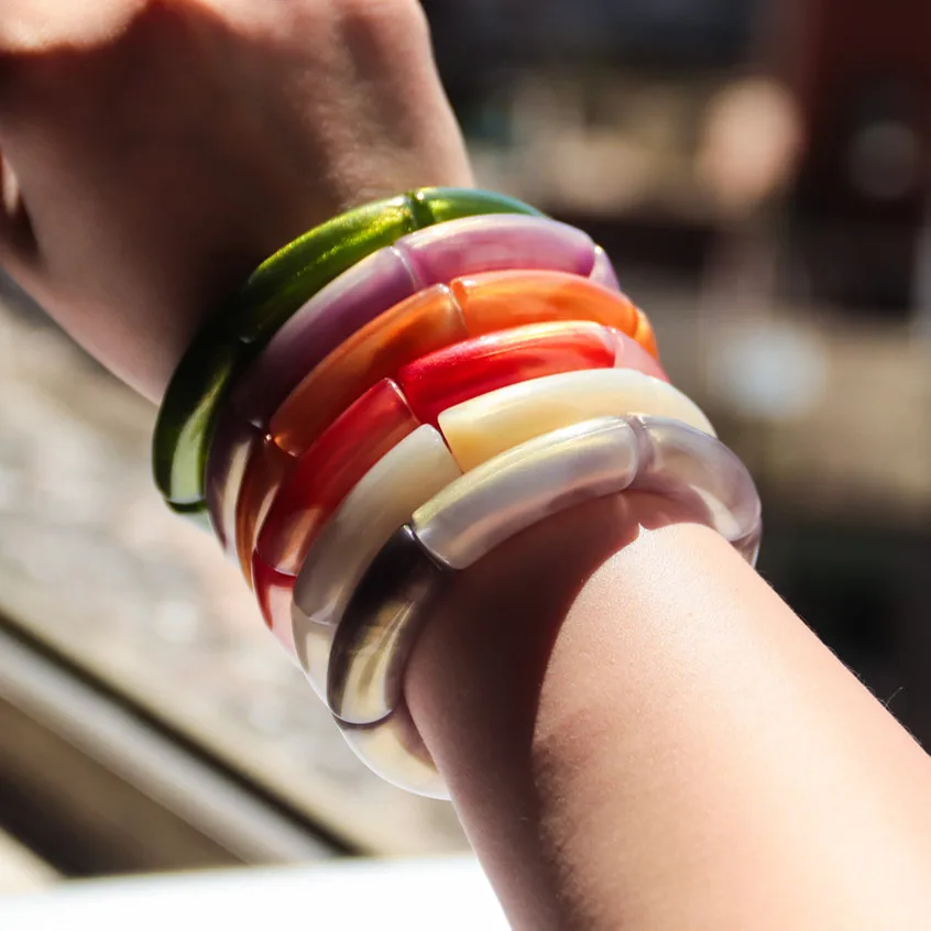 New Big Tube Acrylic Couple Bracelet for Women Men Fashion Stack Colorful Resin Bamboo Elbow Bead Elastic Bangle Vintage Jewelry