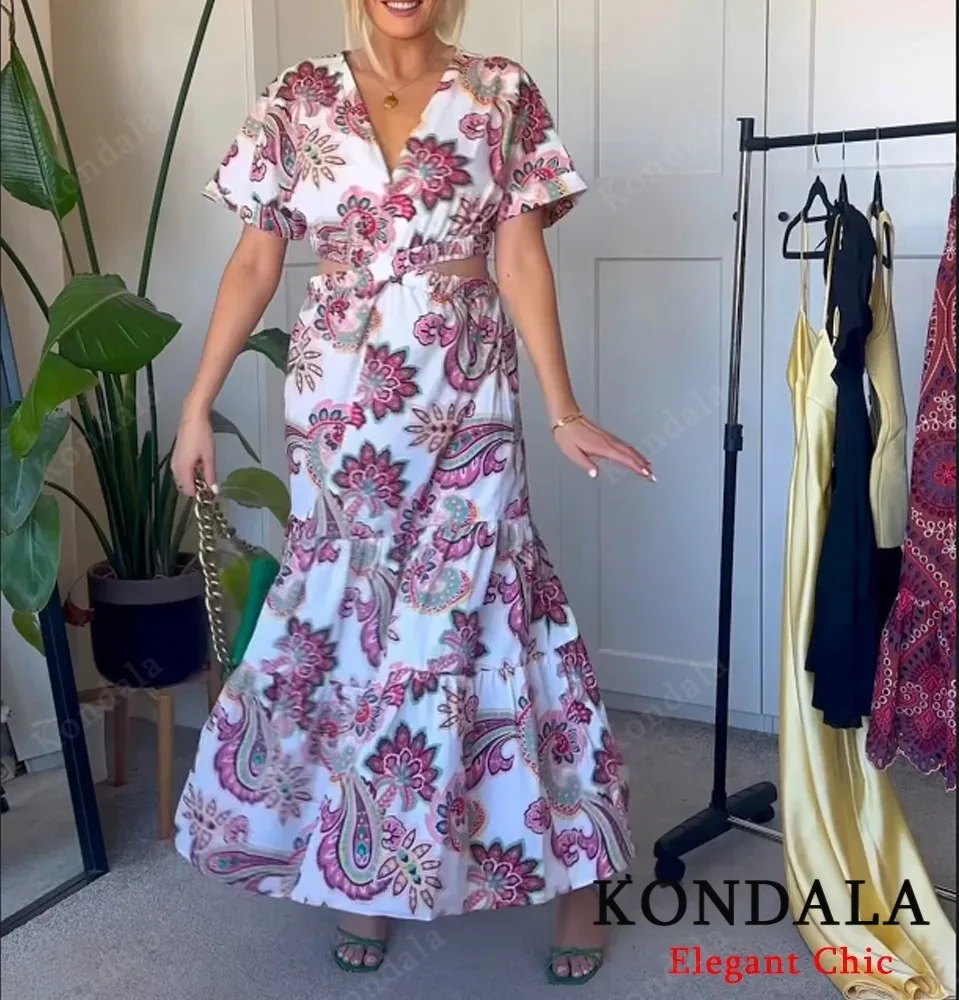 KONDALA, vestido Midi estampado de vacaciones para mujer, vestido largo con huecos cruzados en la cintura, nueva moda de verano 2021, vestido informal bohemio de calle alta