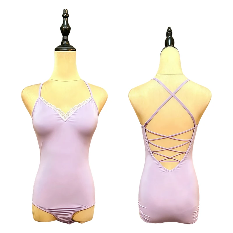 Top de baile latino violeta para mujer, mono con tirantes finos, Top para práctica de baile Chacha Rumba, ropa de baile de entrenamiento para mujer VBH2947