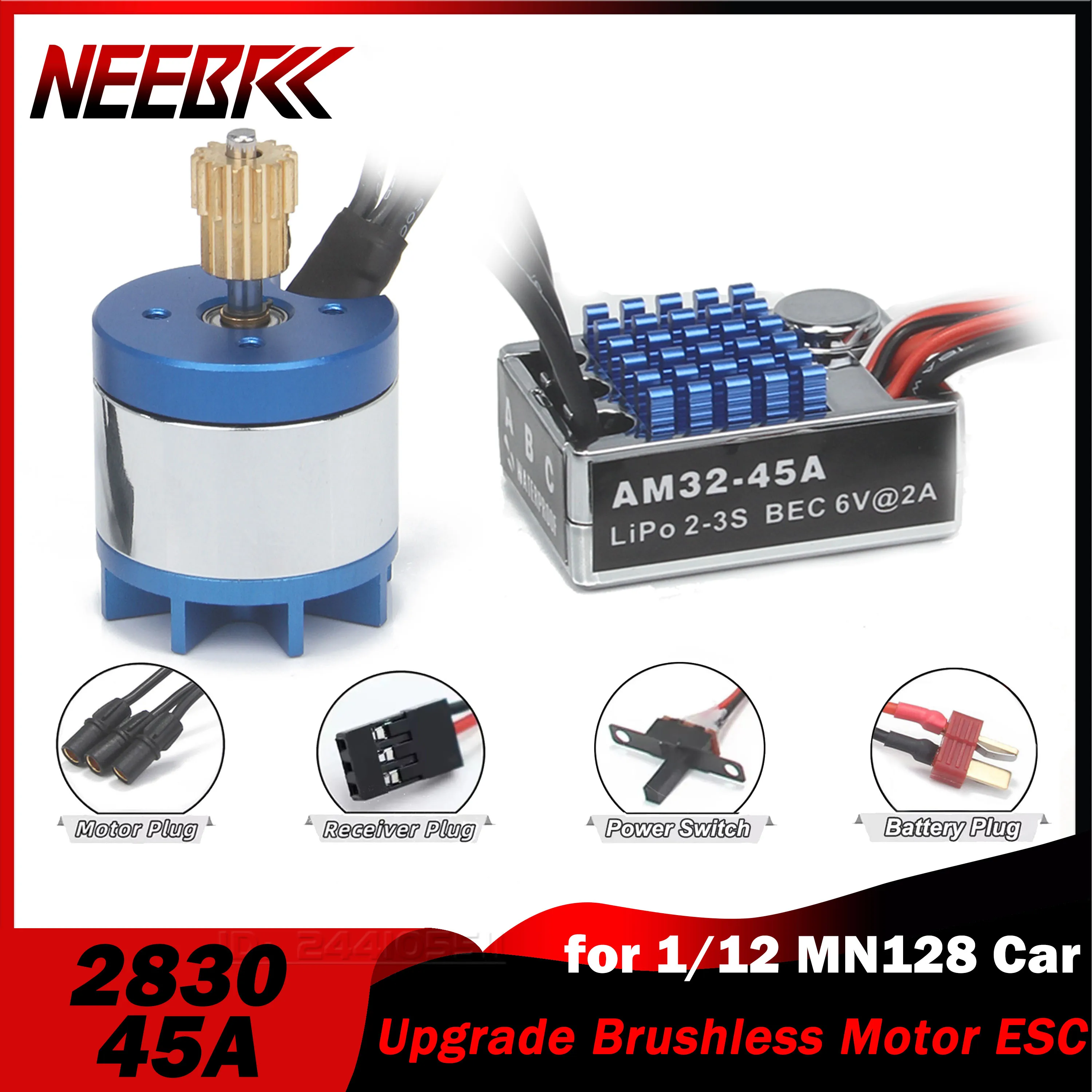 NEEBRC 2830 2400KV Outrunner Crawler Brushless Motor 14T Gear w AM32 45A ESC BEC for 1/12 RC Off Road Car MN128 Toy Upgrade Part