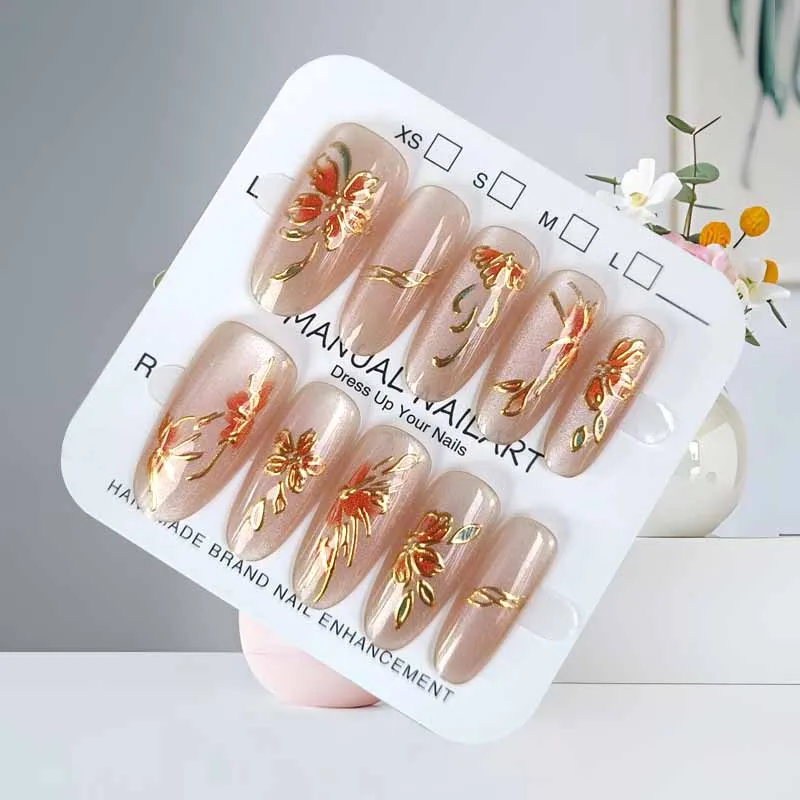 10Pcs New Years Red Gilded Flower 3D Simple Ins Fashion Show White Cat Eyes Press on Nails Nail Patch Nail Slices Fake Nails Art