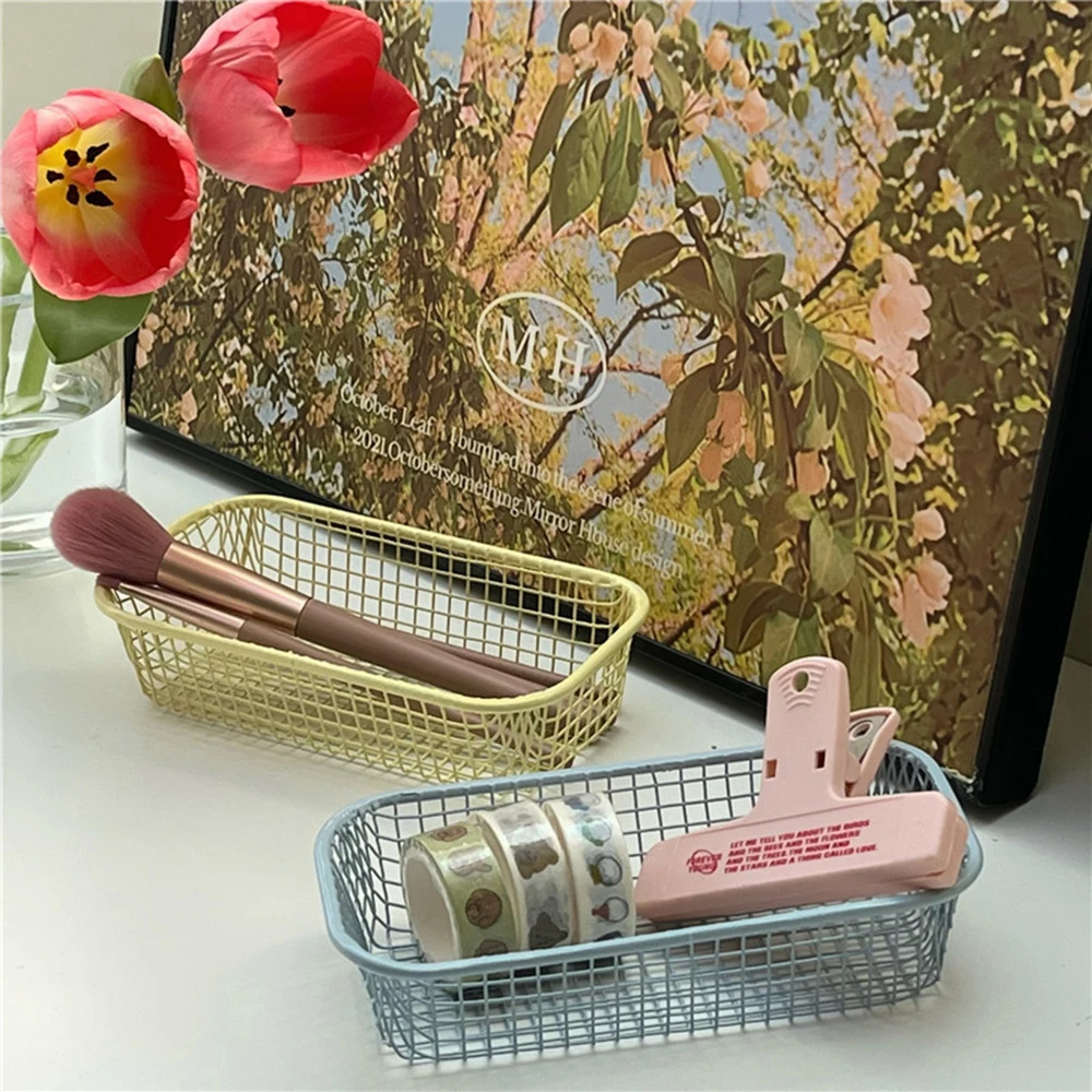 Metal Storage Basket Ins Style Makeup Tools Photocards Data Cable Desktop Sundries Organizer Candy Color Vintage Home Decoration