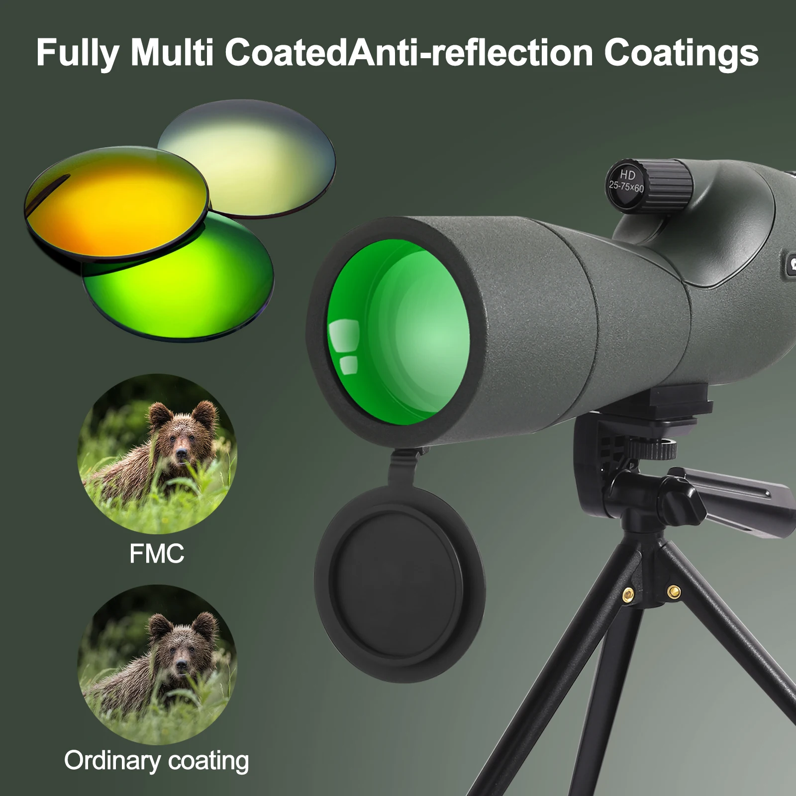 25-75x60 Binoculars with Tripod Waterproof Spotting Binocular Smartphone Adapter Straight Spotter Scope For Hunting Birdwatching