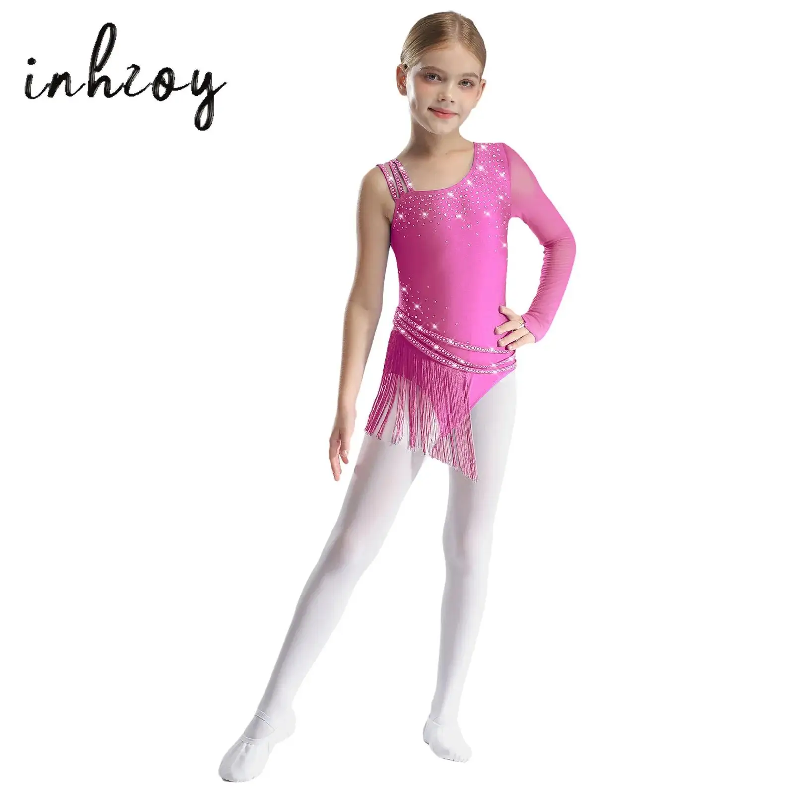 Kids Girls Figure Skating Dance Leotard Glittery Rhinestones Irregular Tassel Fringe Skirted Bodysuit for Latin Jazz Performance