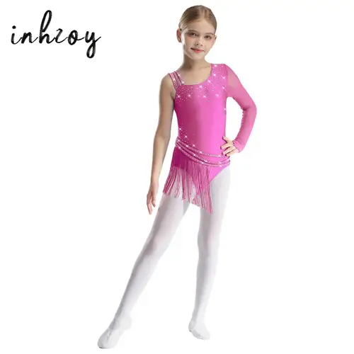 Leotardo de baile de patinaje artístico para niñas, traje con falda con flecos y borlas irregulares con diamantes de imitación brillantes para actuación de Jazz latino