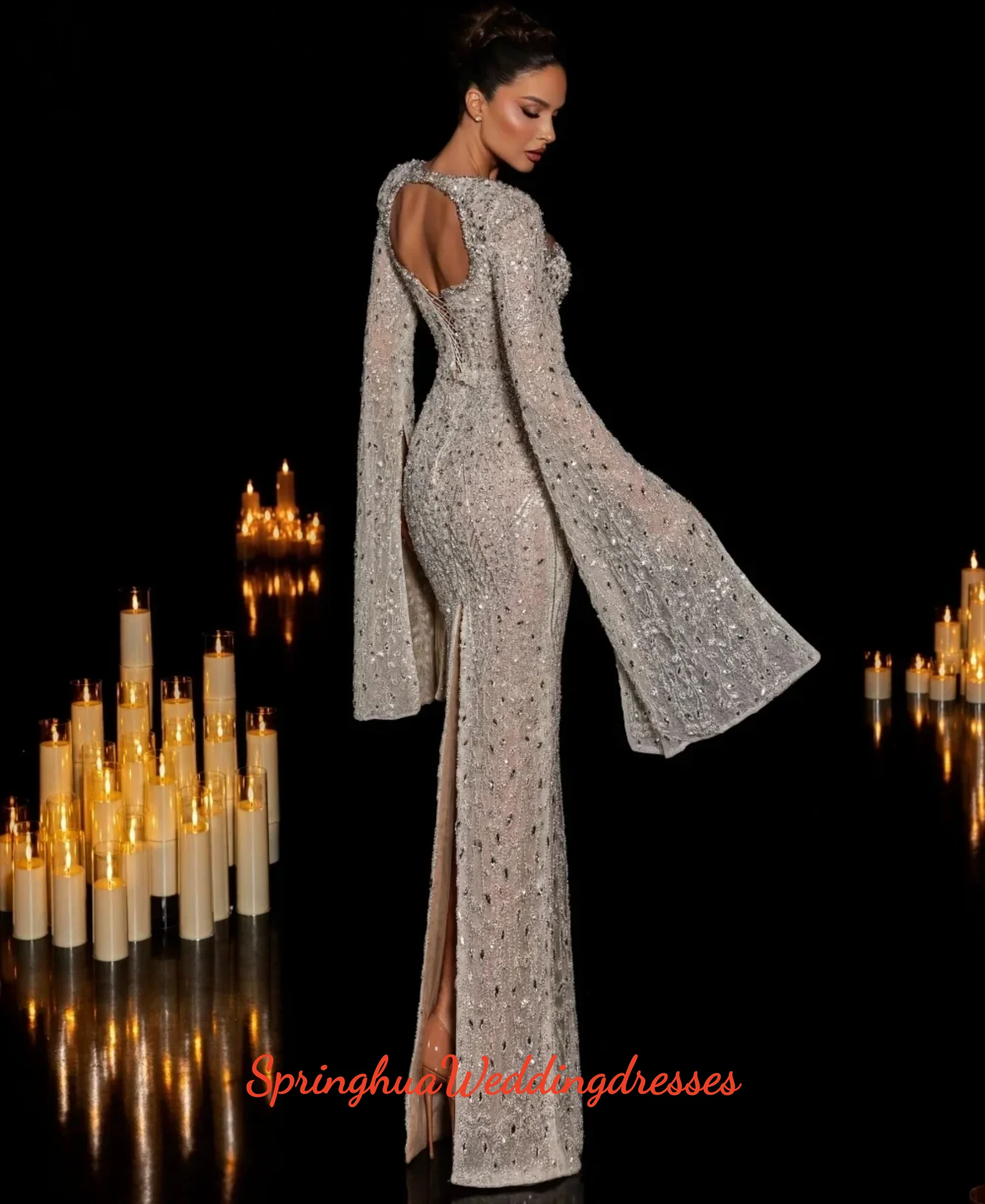 Customized Silver Crystal Embroidery wedding Dresses Elegant Bell Sleeves Long Wedding Party Gown Captivating Red Carpet Gowns