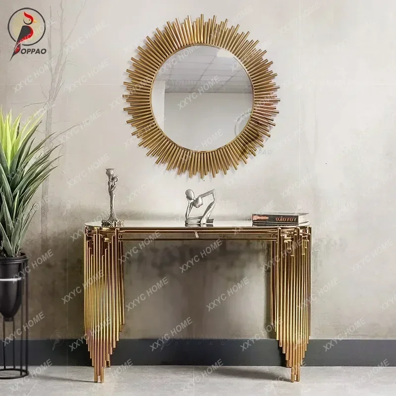 XXLight Luxury Stainless Steel Titanium Gold Entrance Table Tempered Glass Hotel Living Room Marble Mirror Entrance Table