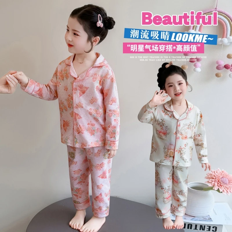 Girls' Printed Pajama Set, Lapel Collar Top with Plaid Long Pants, Kids' Autumn/Winter Homewear for Ages 2-6
