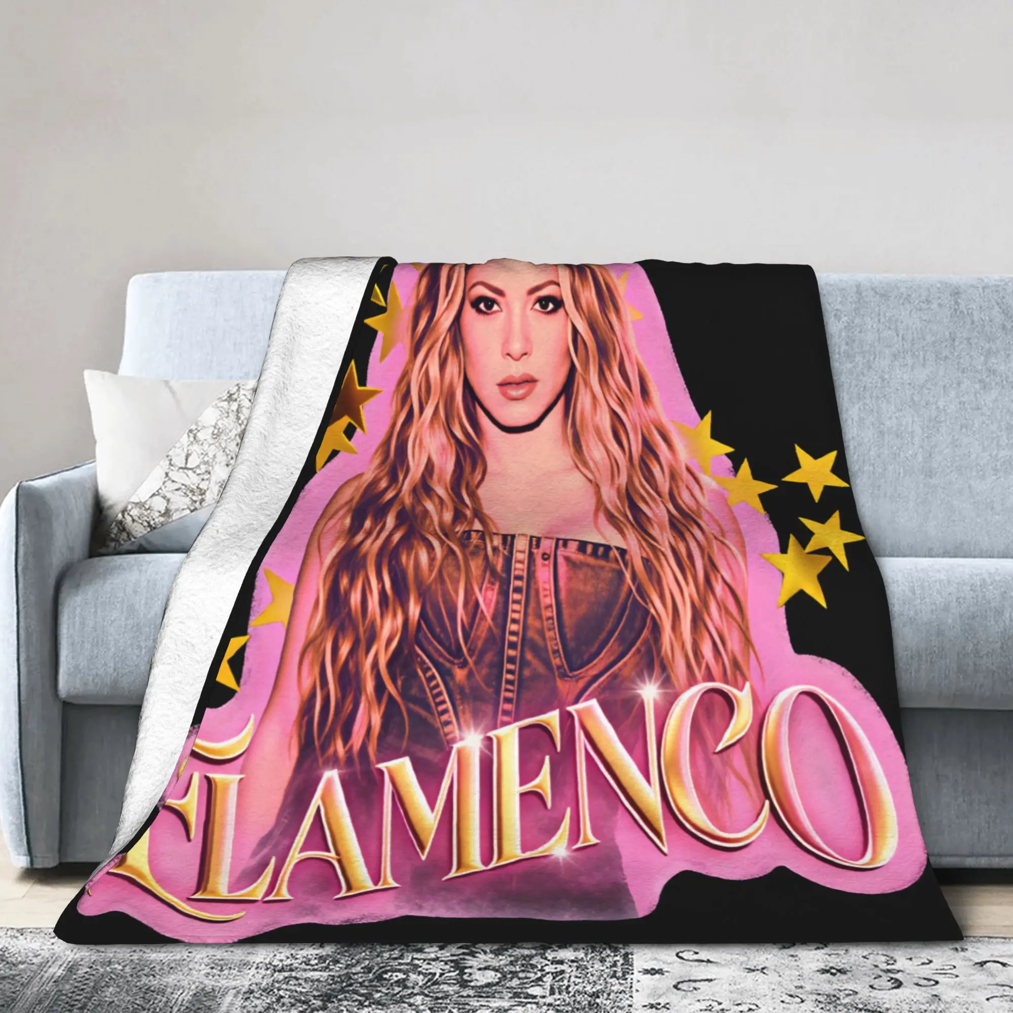 Shakira Pink Sticker Style Portrait Golden Star Blanket Warm Throw Blanket Spring Travel Office Bedroom Novelty Bedspread